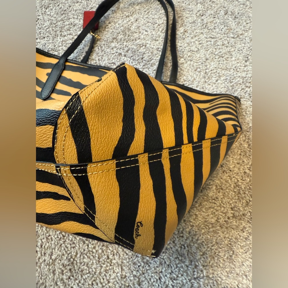 COACH Tiger Print Leather Tote Bag in Yellow and Black - Picture 5 of 12